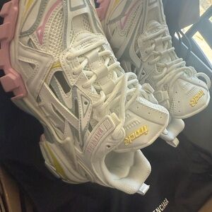 Balenciaga Women's White Sneakers with Pink and Yellow Accents